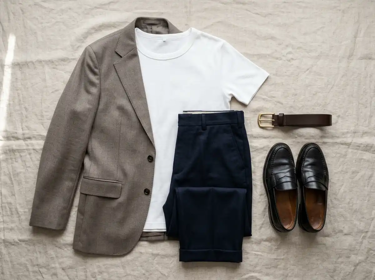 Still life arrangement of a 3-piece outfit formula featuring a white crew-neck tee, high-waisted trousers, and a single-breasted blazer with leather loafers.