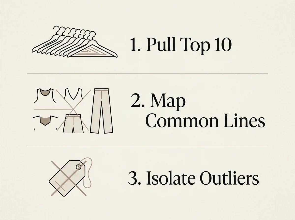 A clean three-step visual infographic outlining the wardrobe audit process: Pull Top 10, Map Common Lines, and Isolate Outliers.