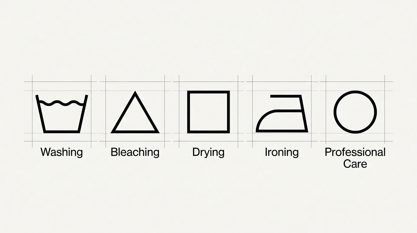 Minimalist infographic chart illustrating the 5 basic laundry care symbols: Washtub for washing, Triangle for bleaching, Square for drying, Iron for ironing, and Circle for dry cleaning.