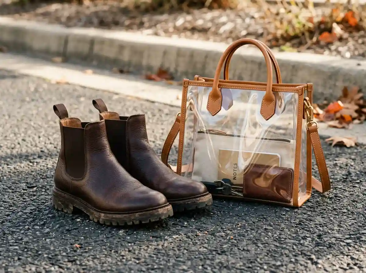 Stadium-compliant clear crossbody purse sitting next to dark brown leather rubber lug-sole boots on paved concrete.