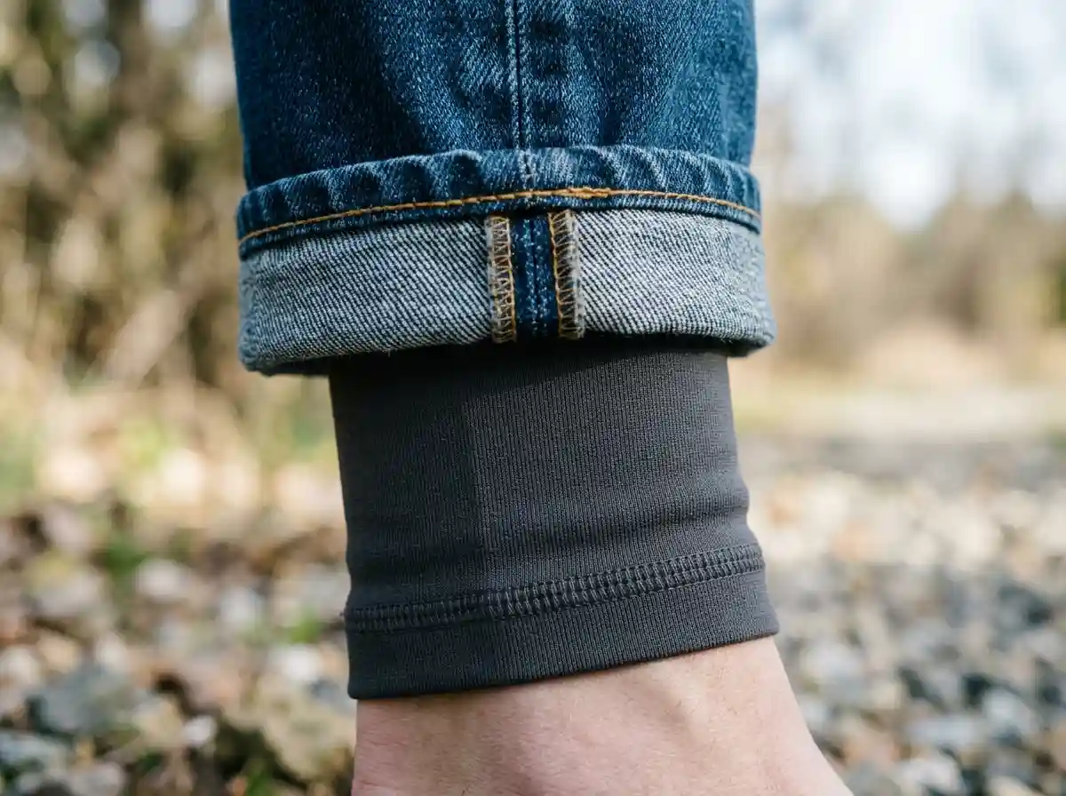 Close-up texture of mid-wash cotton denim layered over a soft synthetic charcoal thermal base layer leg.