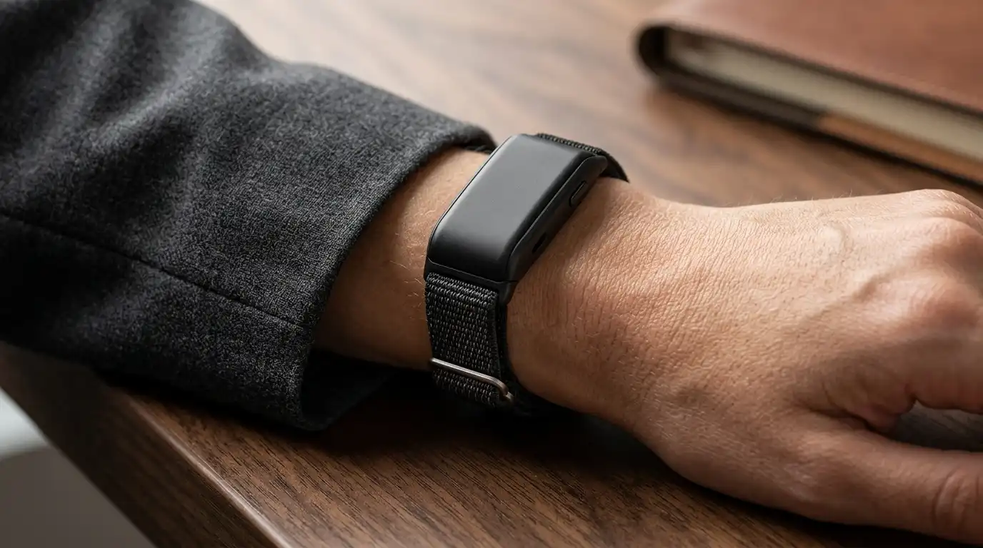 Close-up of the Garmin Cirqa matte black sensor module and woven band resting under a charcoal wool blazer cuff.