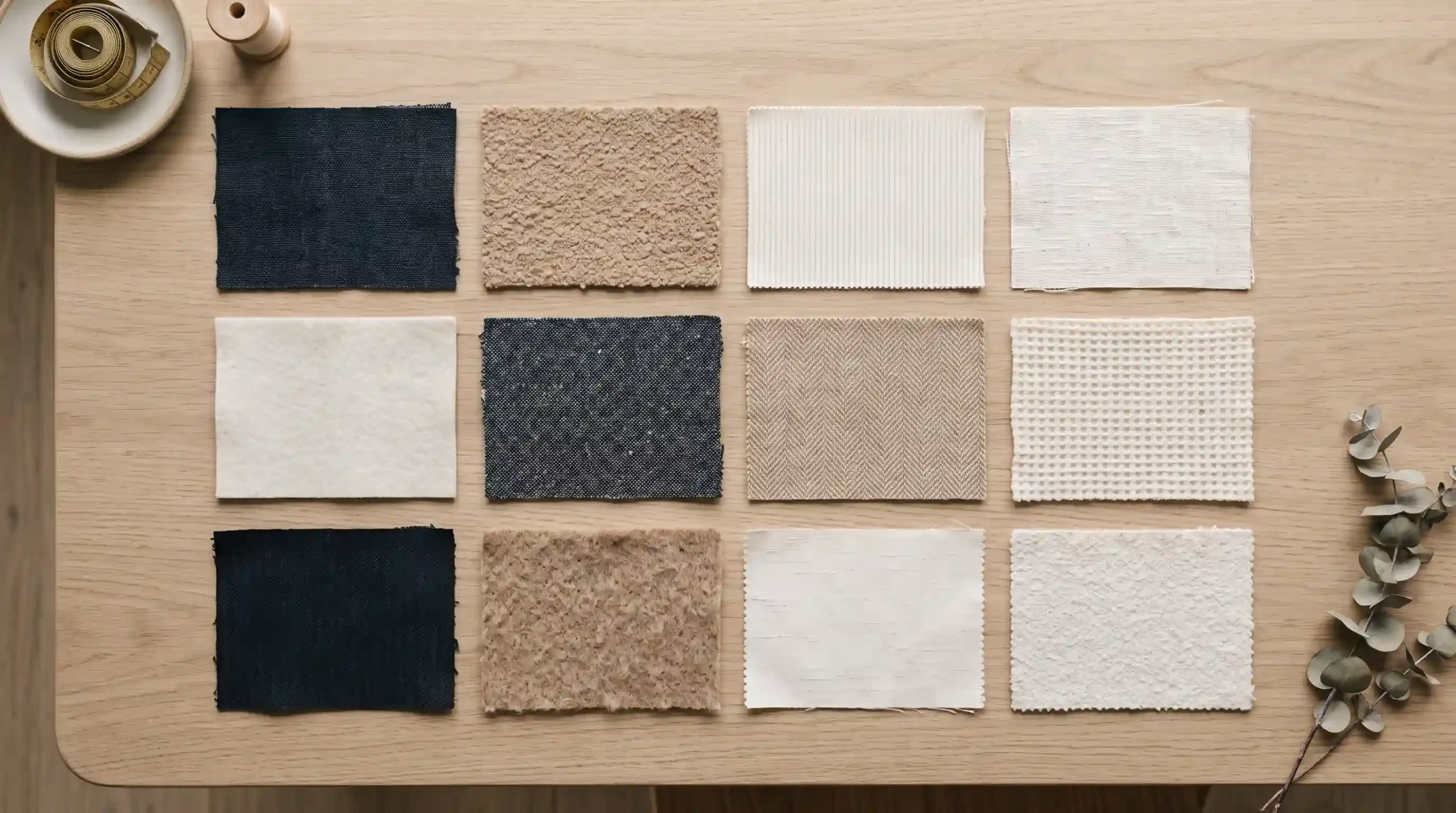 A minimalist flat lay grid of soft fabric swatches demonstrating charcoal navy, warm stone camel, and soft ivory cream tones coordinating side by side.