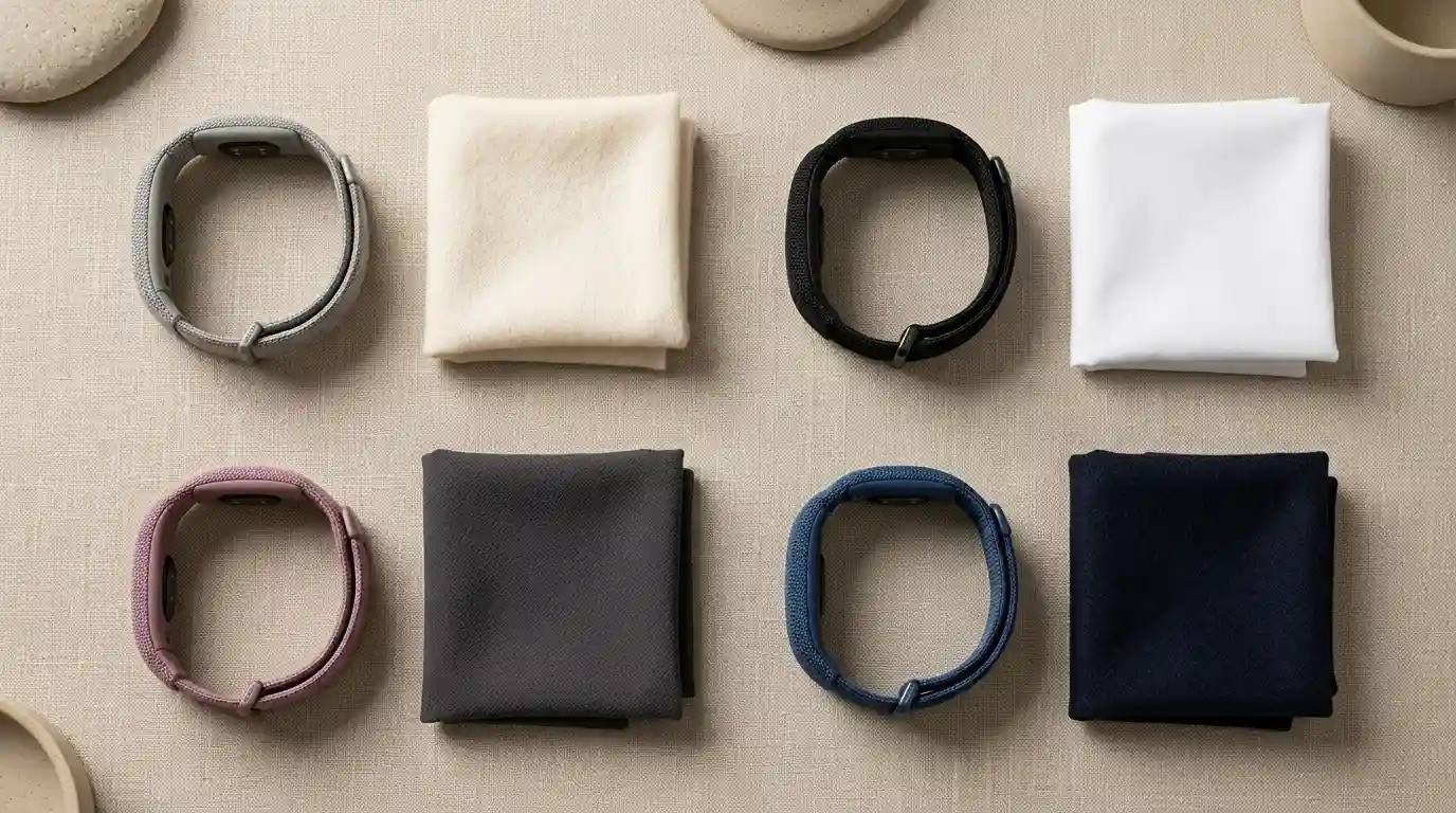 Overhead editorial flat-lay showcasing the four core Garmin Cirqa band colors alongside neutral wardrobe fabric swatches.