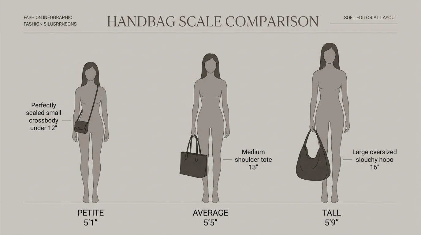 Infographic comparing three female silhouettes of different heights carrying appropriately scaled small, medium, and oversized handbags.