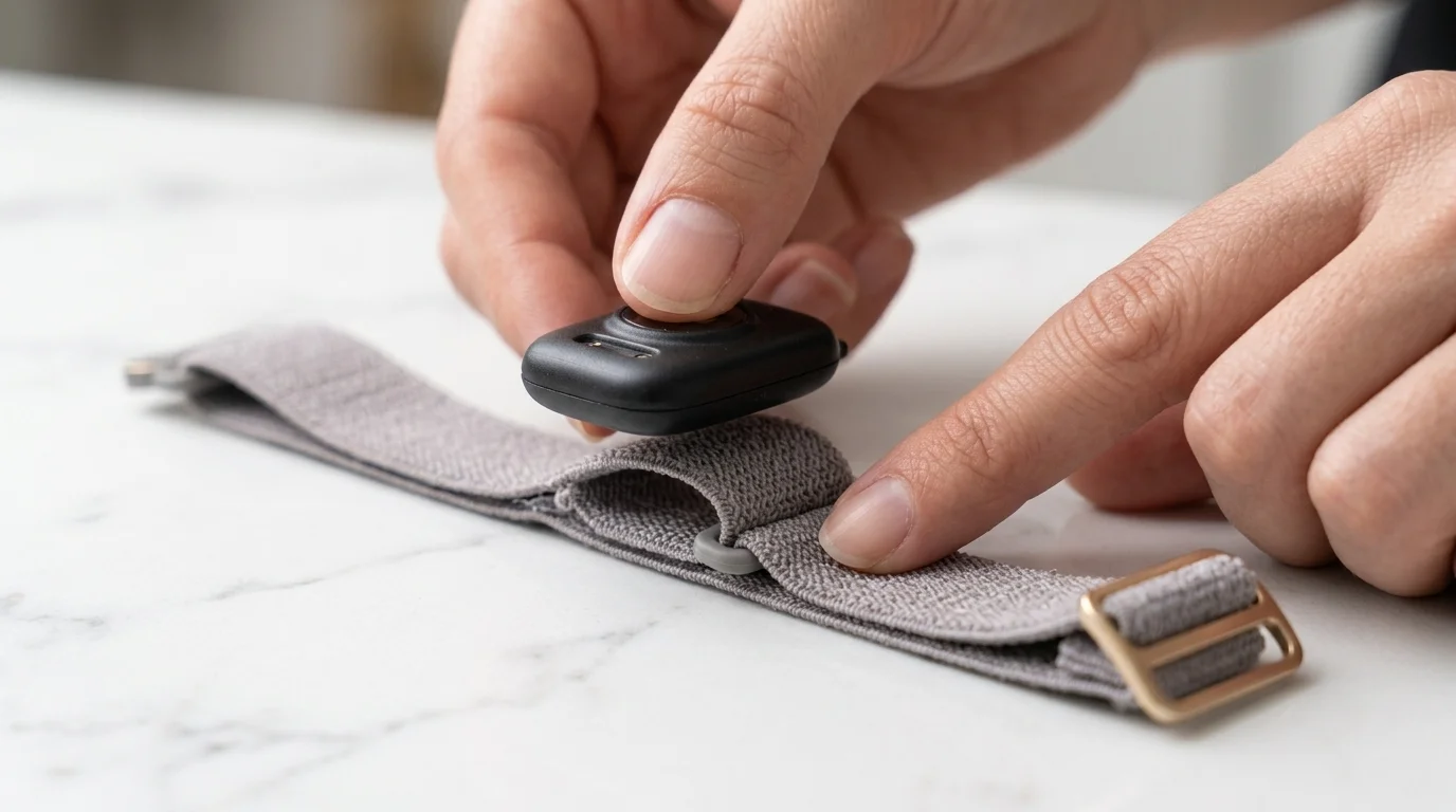 Hands carefully detaching the matte black Garmin Cirqa sensor module from the French Gray fabric strap.