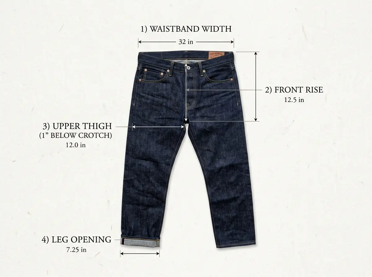 Technical diagram of raw denim jeans laid flat showing measurement lines for waistband, upper thigh, front rise, and leg opening.
