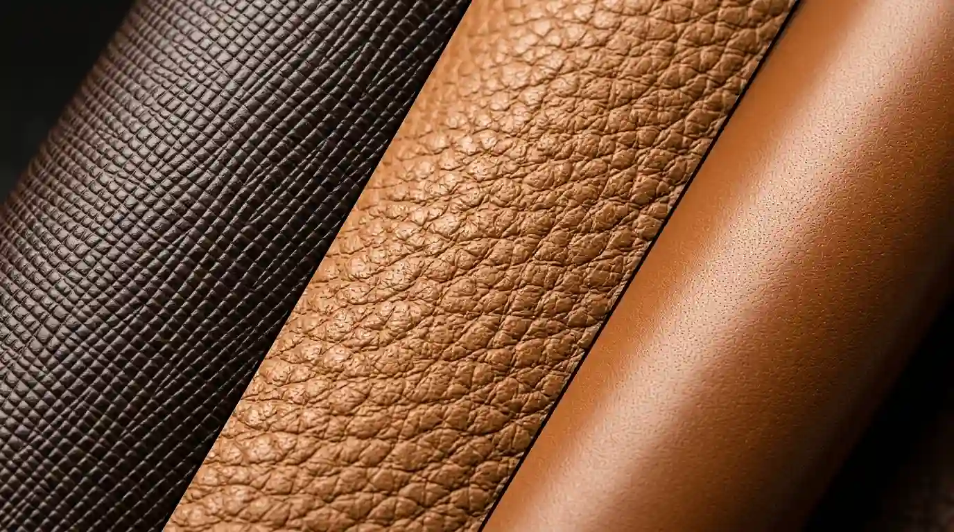 Extreme macro close-up split-view showing the textures of Saffiano cross-hatch leather, pebbled leather, and smooth calfskin side by side.