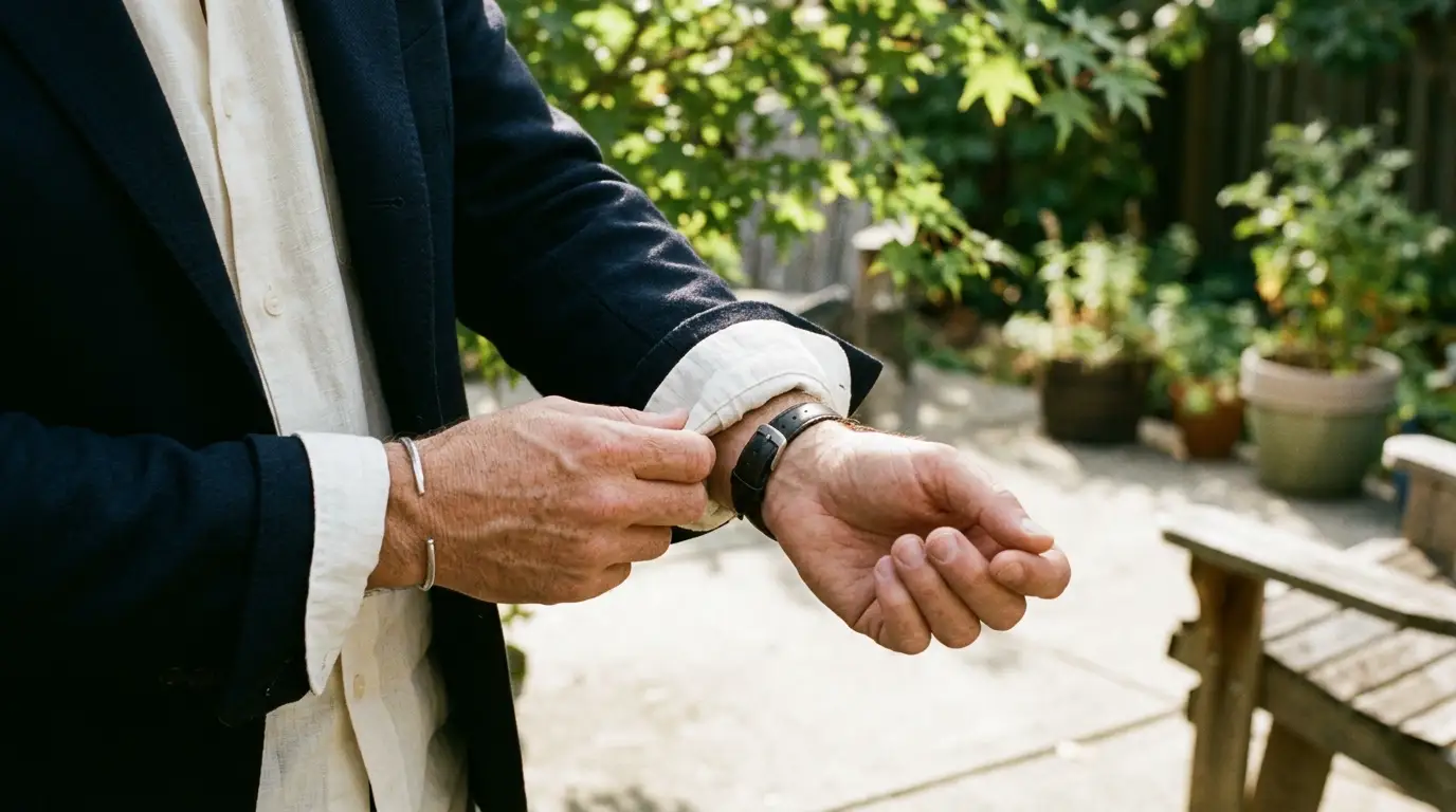 A close-up shot of a person’s hands adjusting the cuffs of a classic oversized crisp cotton shirt layered beneath a structured wool blazer, showing precise styling detail.
