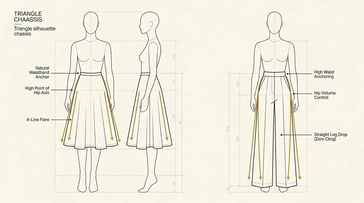 Garment pattern schematic showing a fitted high-waisted rise transitioning into a gradual structural A-line sweep flare.