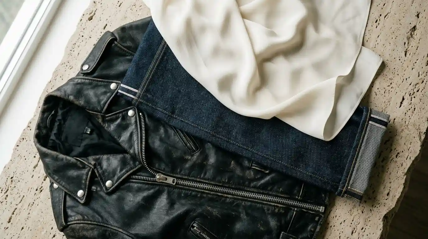 A stylized editorial layout showing close-up fabric details representing three distinct styles: a classic vintage leather jacket, a high-fashion runway swatch, and a modern utility denim sleeve, layered over a stone surface.