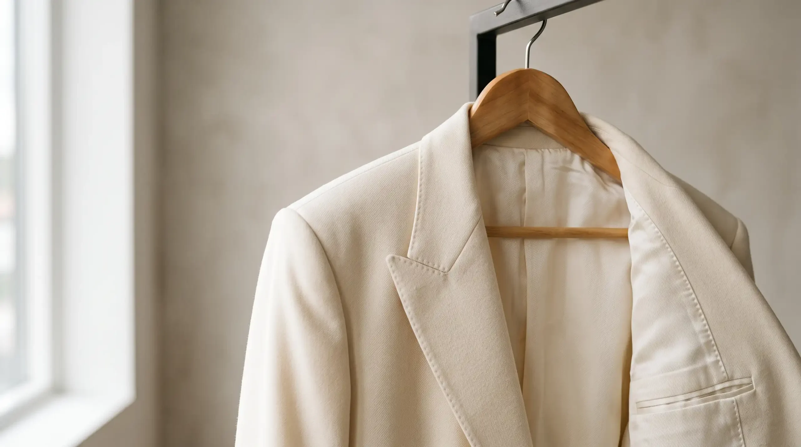 Editorial photo highlighting the structural shoulder alignment and fluid lining of a tailored cream blazer hung neatly.