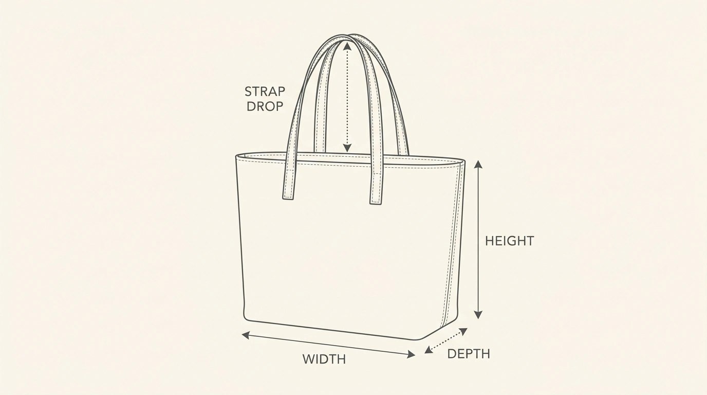 A clean technical line drawing diagram of a tote bag showing vertical measurements for strap drop, width, height, and depth.