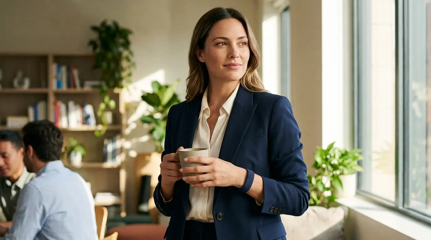 Garmin Cirqa band in Captain Blue worn under a navy blazer cuff with an ivory silk blouse.