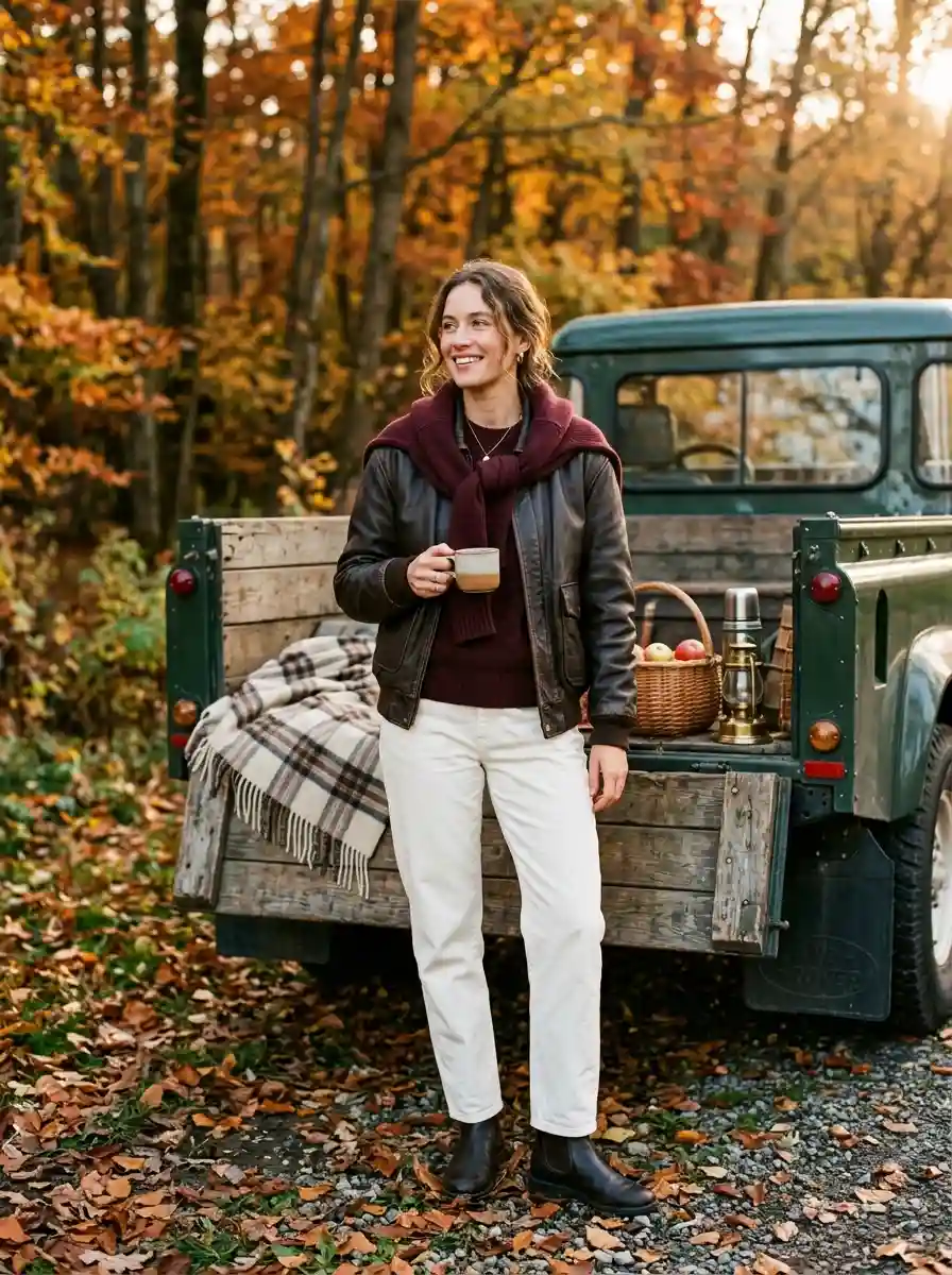 Woman wearing a rich espresso brown leather bomber jacket and a deep burgundy crewneck sweater with a draped coordinating knit.