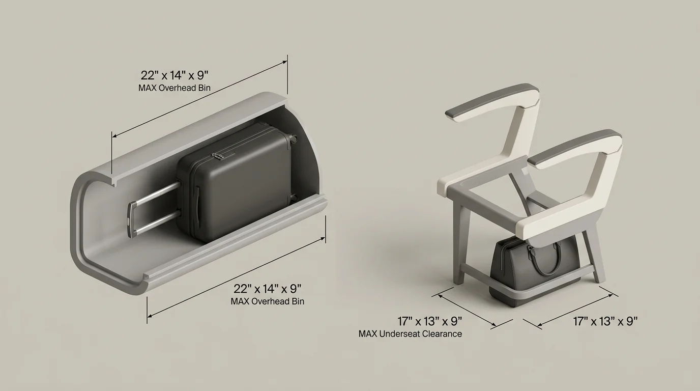 A technical 3D vector diagram illustrating maximum airline sizes for overhead carry-on bags and underseat personal items.