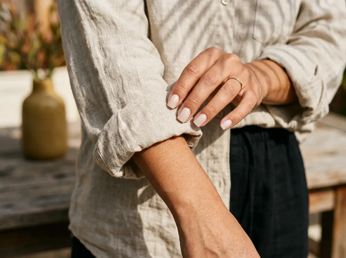 Hands with a clean almond milk manicure gently holding the edge of a crisp, neutral-toned linen blend fabric shirt sleeve.