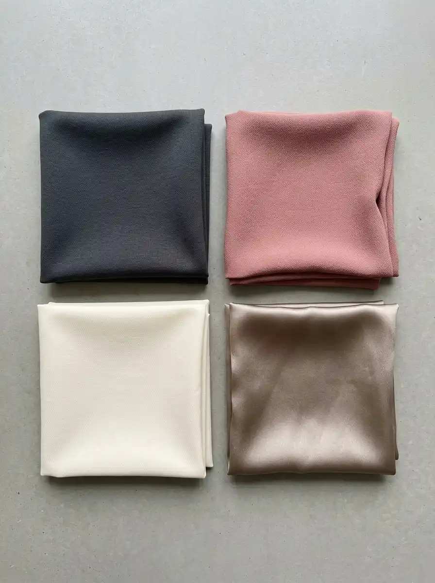 Flat lay of four fabric swatches: ponte knit, crepe, cotton poplin, and silk satin