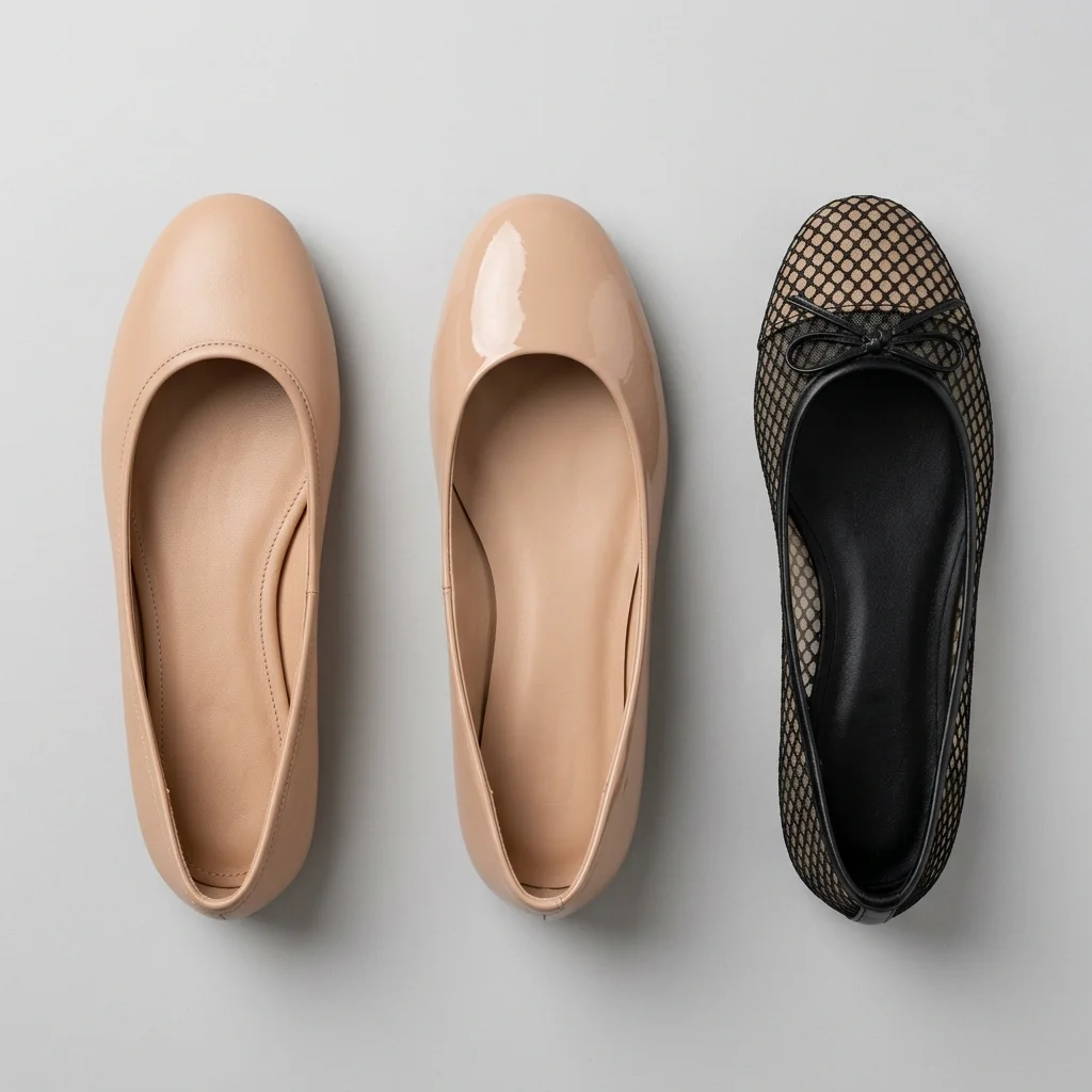 Flat lay of three unbranded ballet flats in leather, patent, and mesh finishes, arranged to show construction contrast