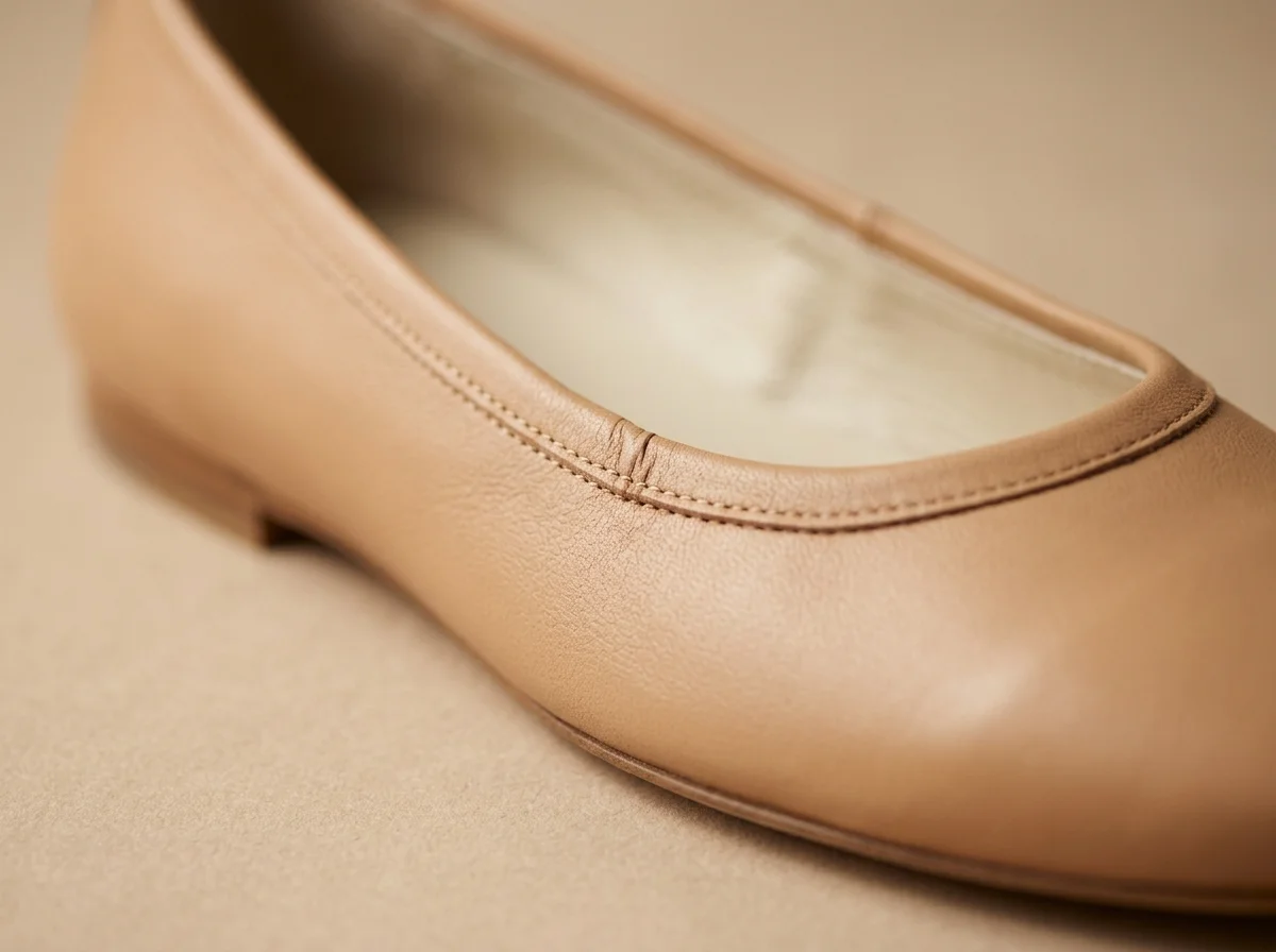 Macro close-up of a nude leather ballet flat showing the folded seam detail from stitch-and-return shoemaking