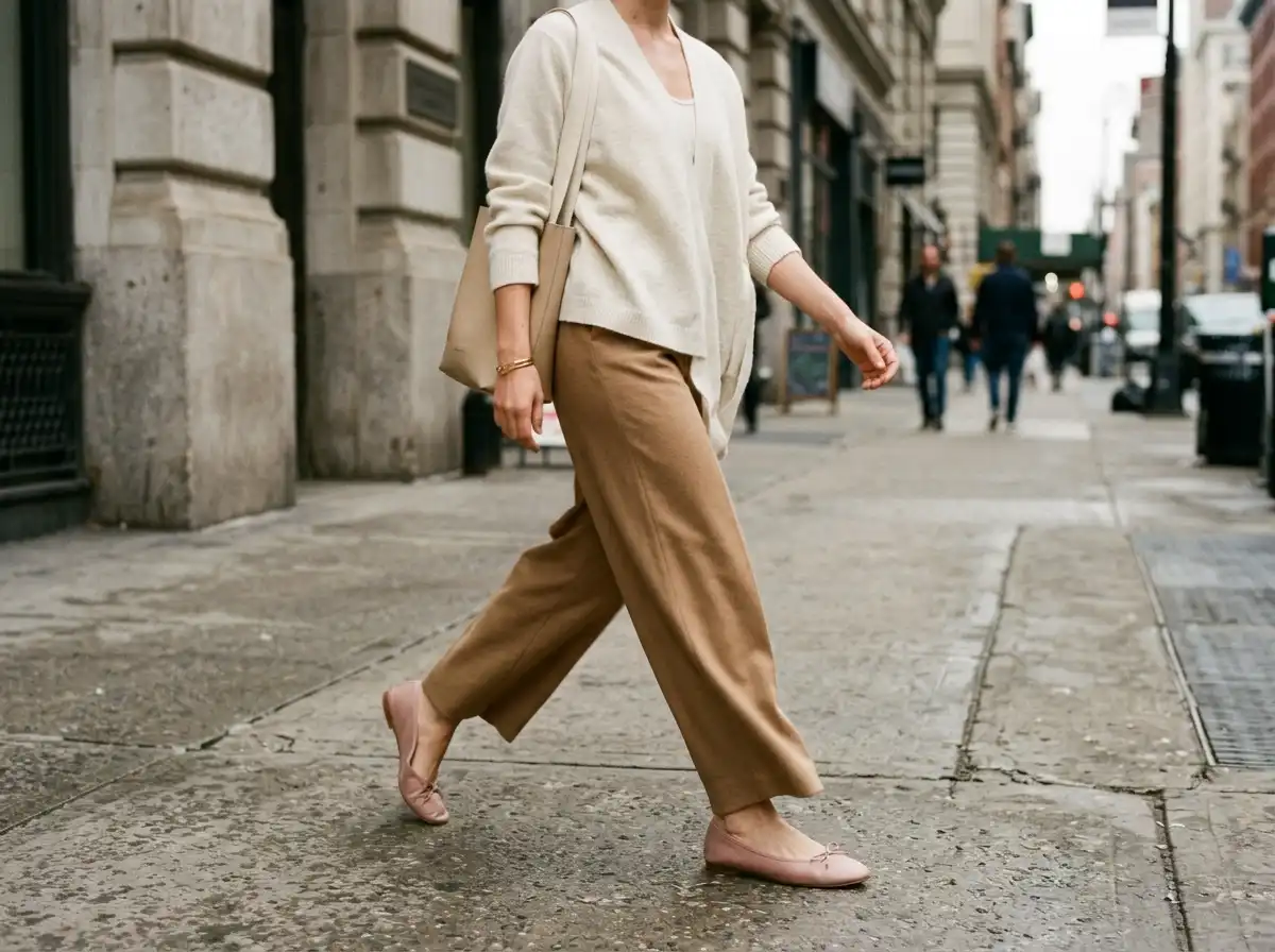 A cropped, faceless shot of a cream wrap cardigan, camel wide-leg trousers, and pale pink ballet flats on a city sidewalk
