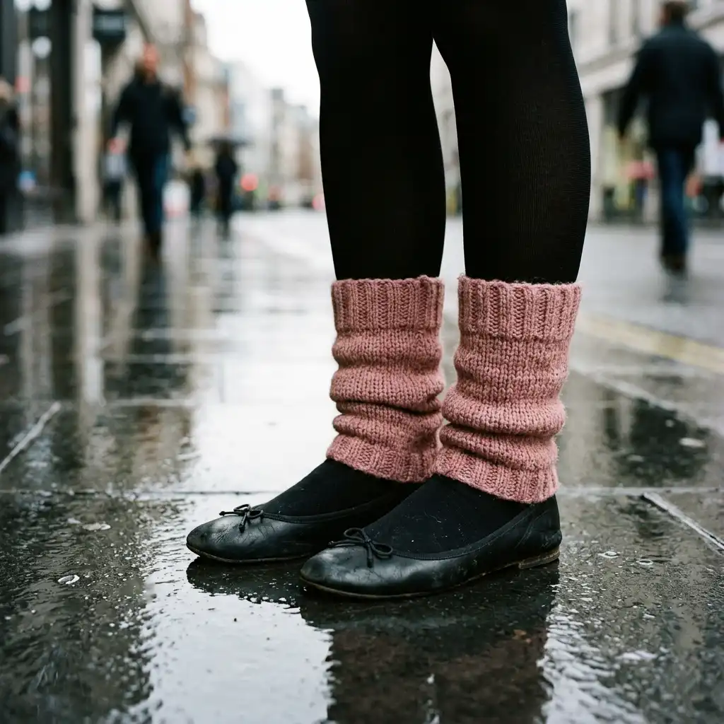 Cropped, faceless shot of knit leg warmers over black tights and leather ballet flats on a wet city sidewalk