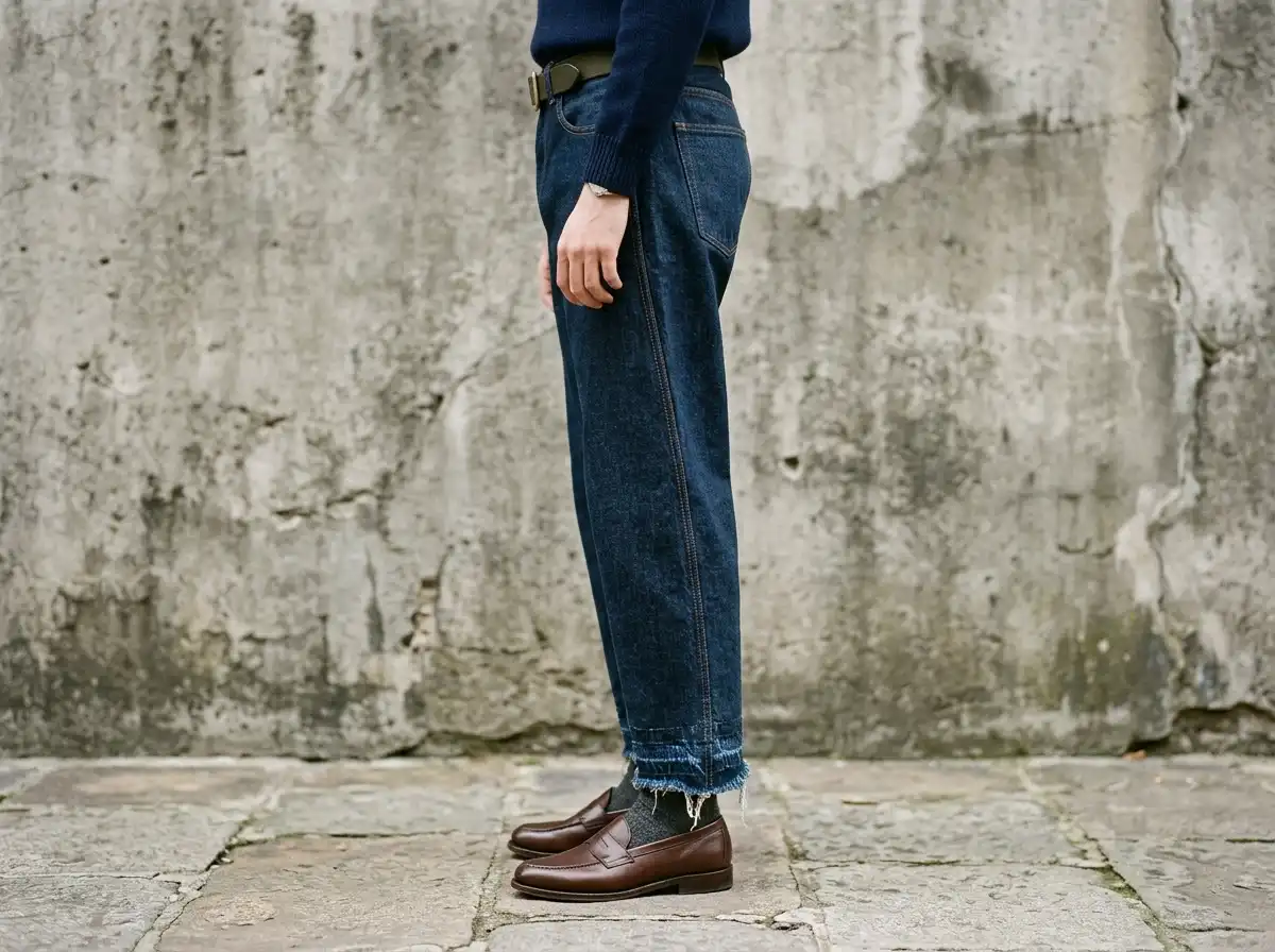 Side profile detail of a person wearing mid-calf barrel-leg jeans made from heavy, rigid non-stretch denim, showcasing the curved ovoid silhouette and clean hem construction.