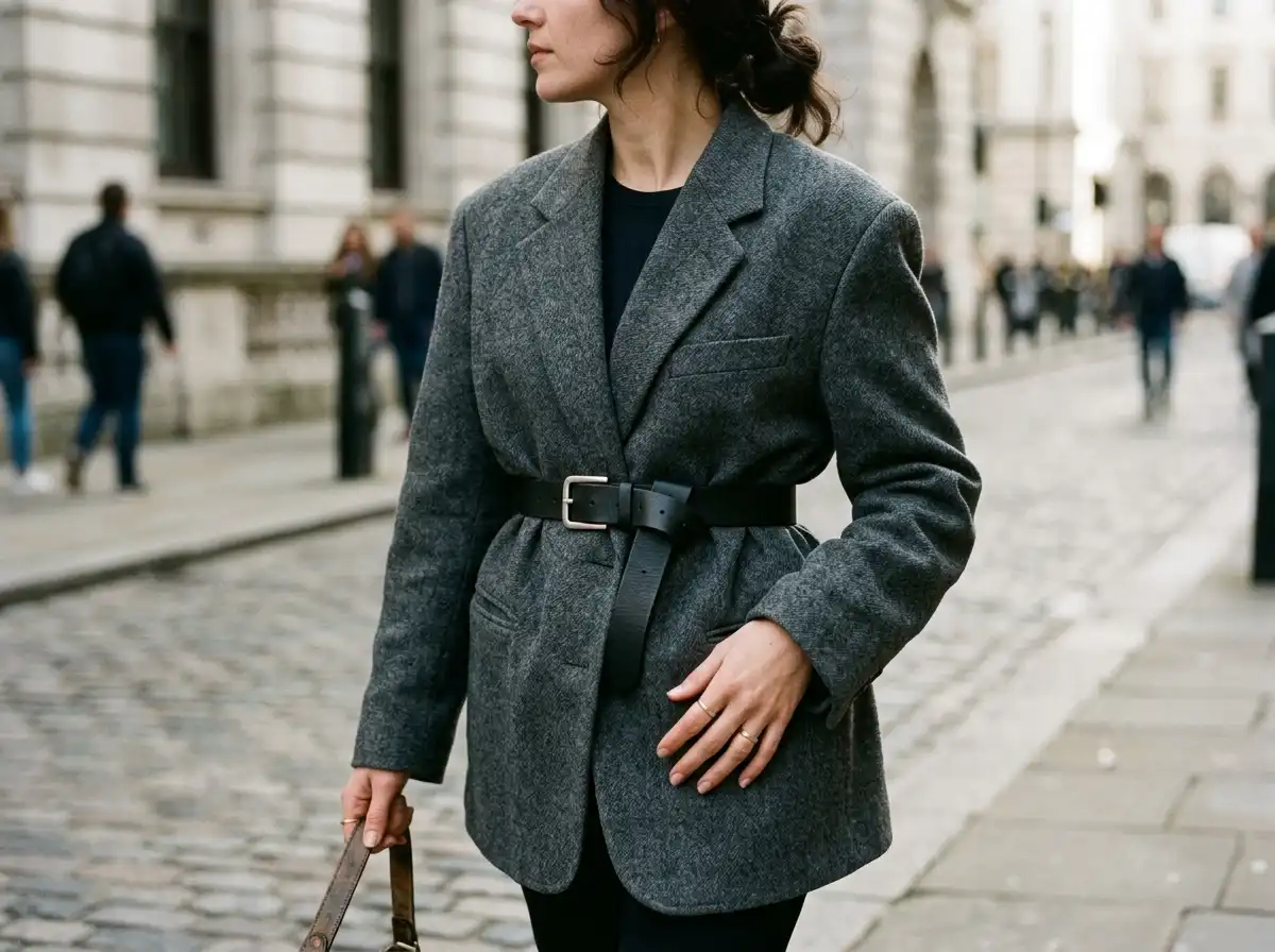 Mid-section close-up photograph of a medium-width black leather belt cinching an oversized charcoal wool blazer at the natural waistline.