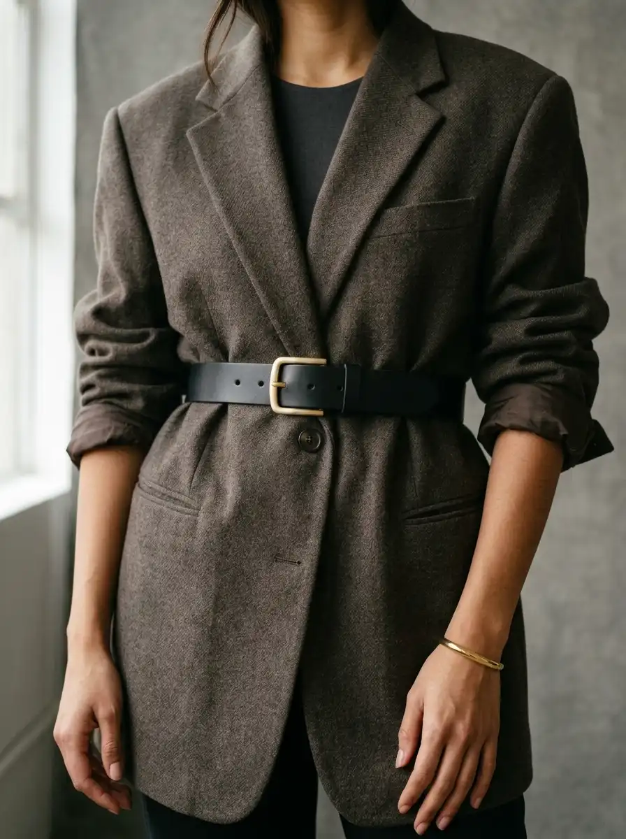 Mid-shot of an oversized dark taupe blazer cinched at the waist with a medium black leather belt and sleeves scrunched to mid-forearm