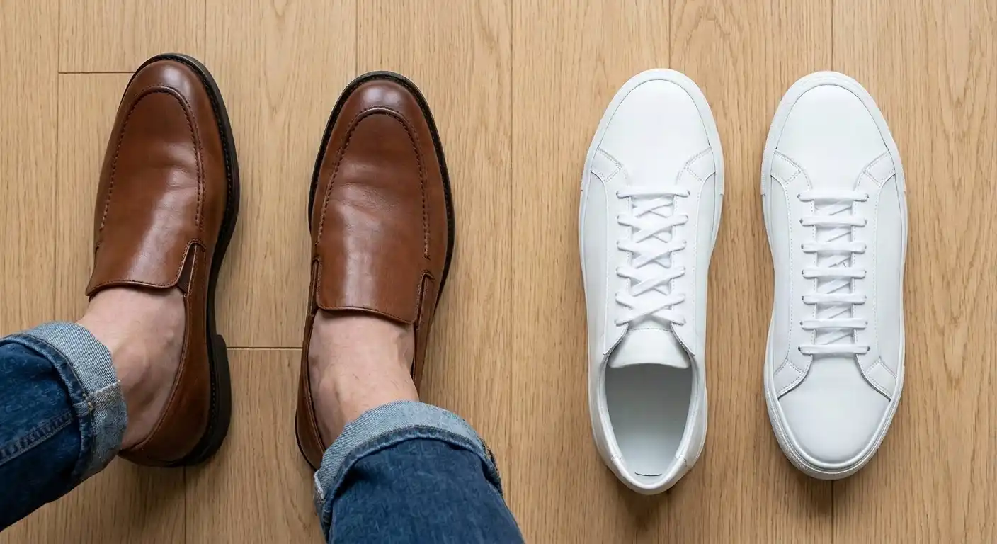 A close-up downward shot of pristine white minimalist leather sneakers and classic brown leather loafers on a light wood office floor.