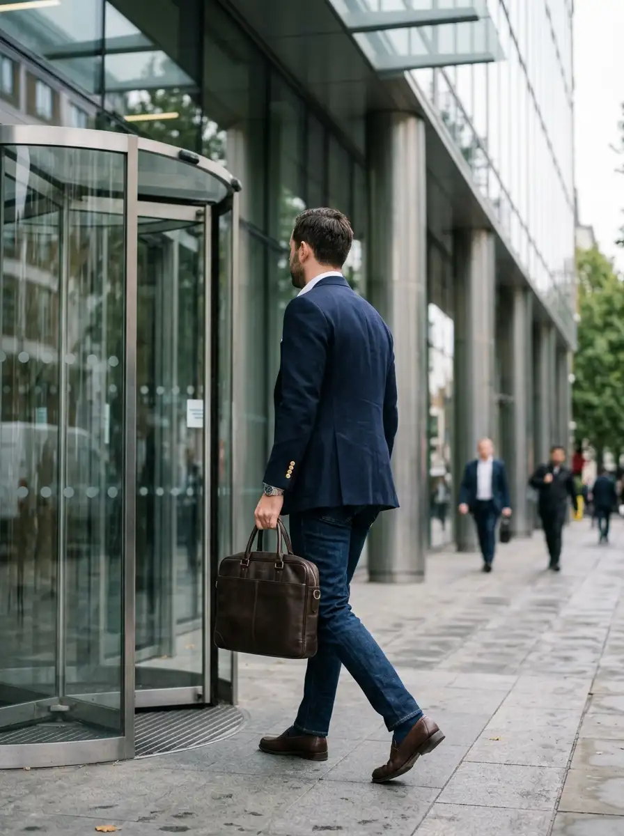 A person wearing dark denim, a crisp button-down shirt, and a tailored navy blazer walking into a modern glass building.