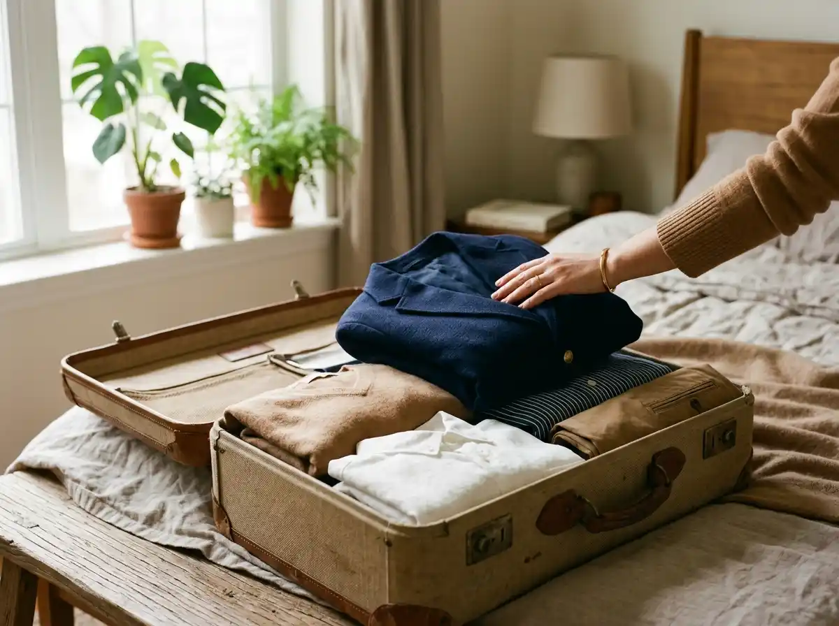 A tailored blazer being packed alongside casual travel pieces in the same color palette