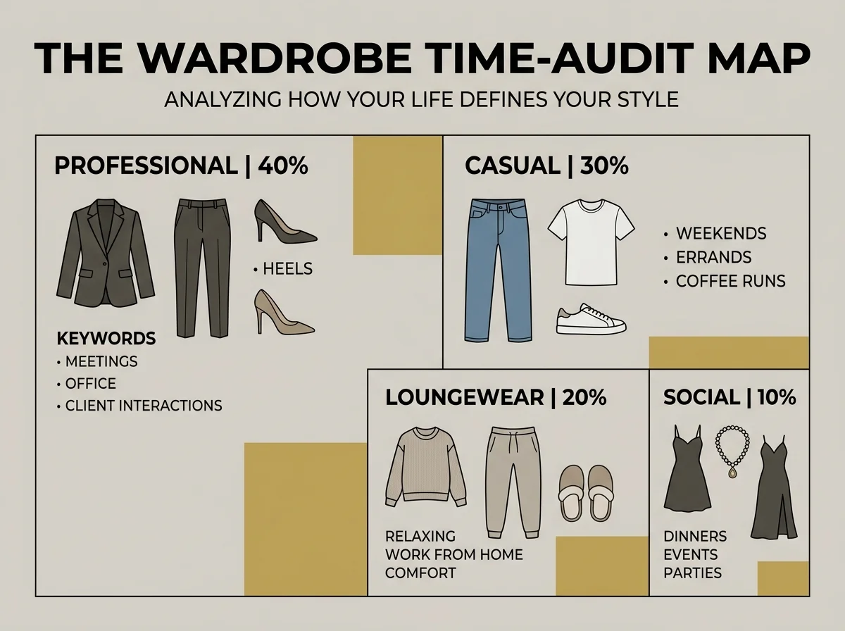 A clean, minimal infographic chart showing the balance between professional office hours, casual weekend hours, and loungewear time allocations mapped to closet percentages.