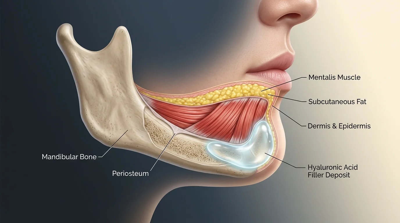 Anatomical cross-section diagram showing hyaluronic acid dermal filler placed deep against the mandibular bone underneath soft tissue layers.