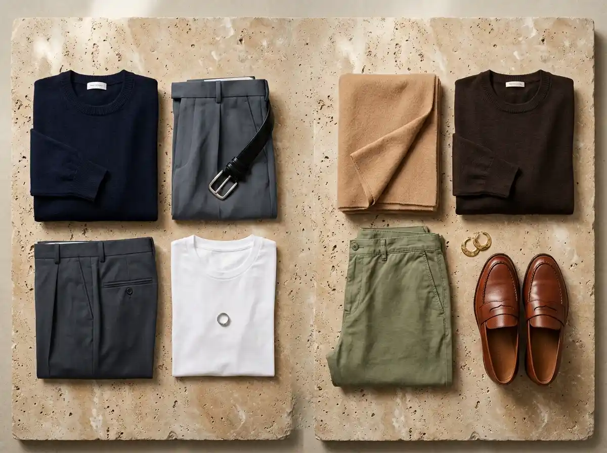 Side-by-side flat-lay comparison of cool-toned clothing and silver hardware versus warm-toned clothing and gold hardware.