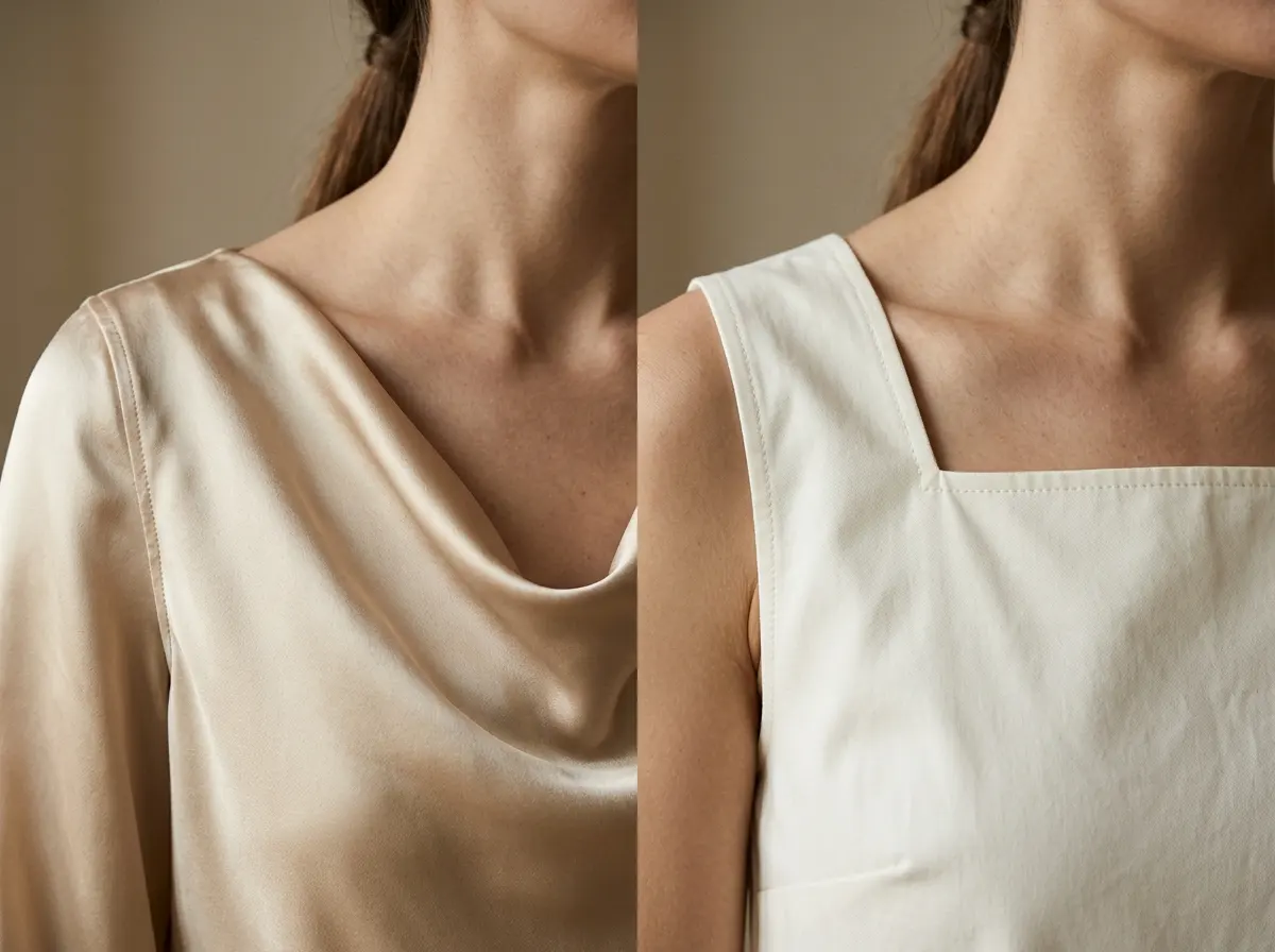 Close-up macro detail of a fluid satin cowl neckline draped along collarbones next to a crisp 90-degree square neckline in cotton poplin.