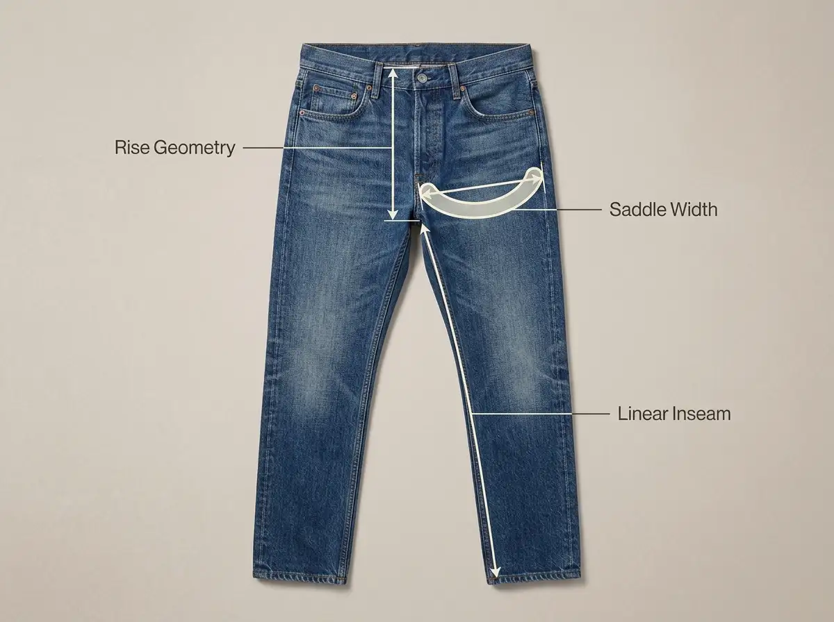Technical anatomy diagram of denim jeans mapping the exact placement of rise geometry, linear inseam, and crotch saddle width.