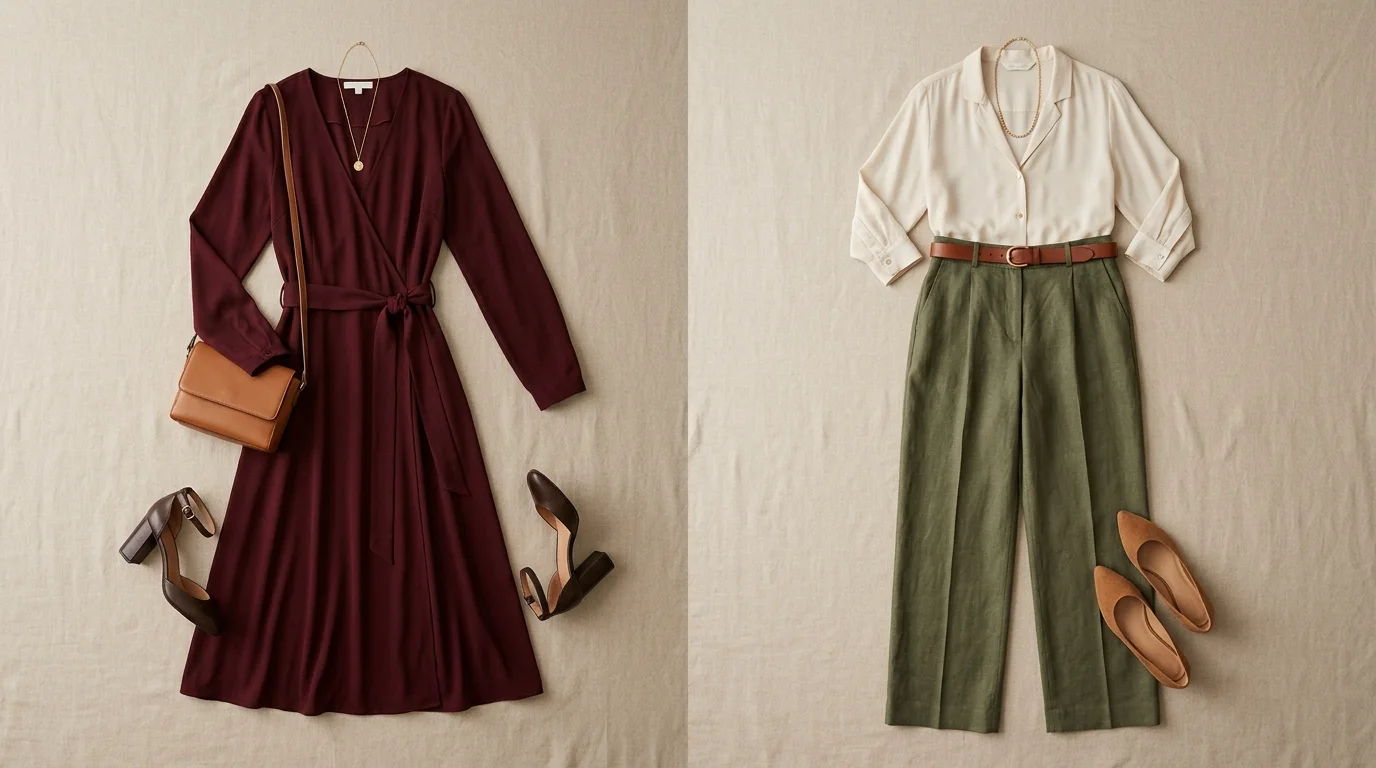 Wrap dress and relaxed-fit trouser outfit examples with visible waist give
