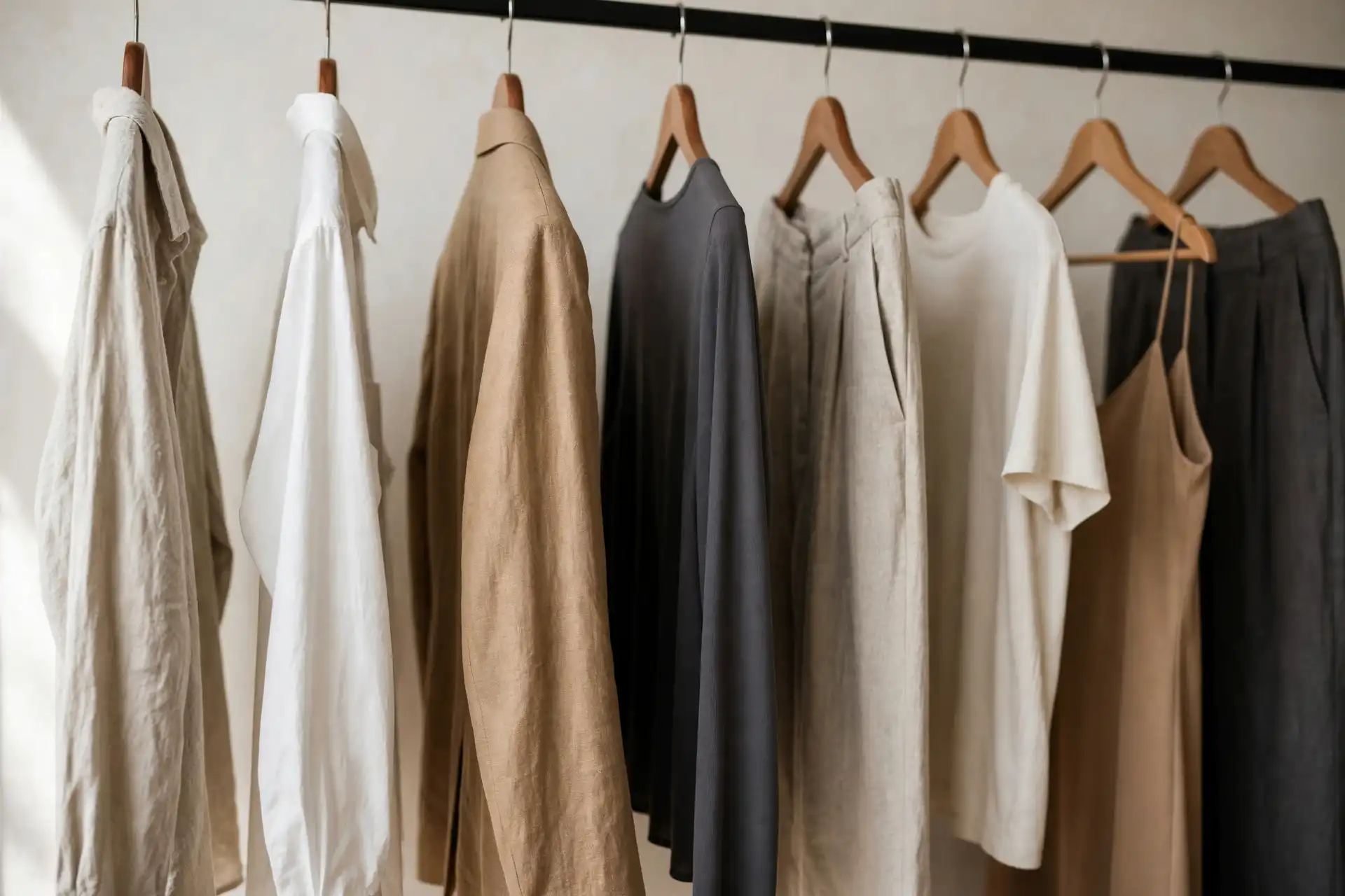 An edited capsule wardrobe rail with neutral linen and cotton pieces spaced evenly on wooden hangers.
