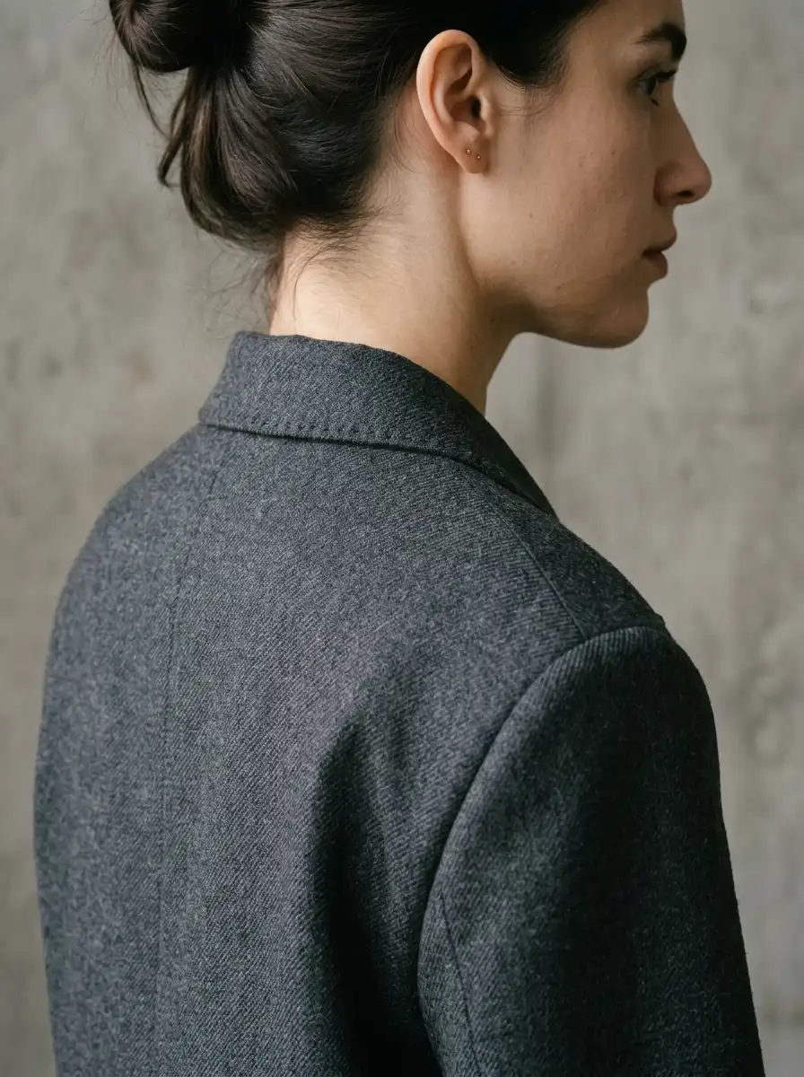 Close-up of an oversized charcoal blazer collar resting flush against the back of the neck with clean shoulder pad alignment
