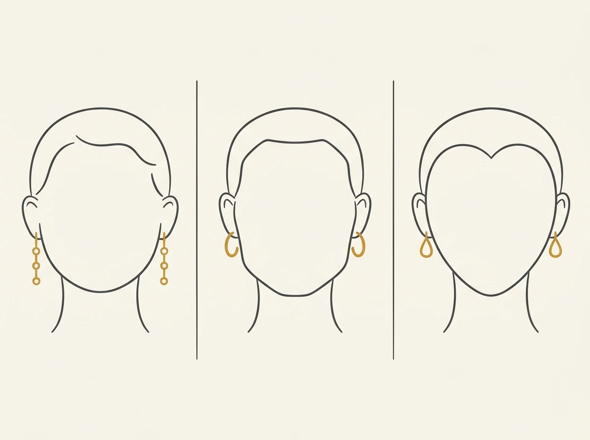 Simple illustrated diagram showing earring shapes paired with round, angular, and heart shaped face outlines