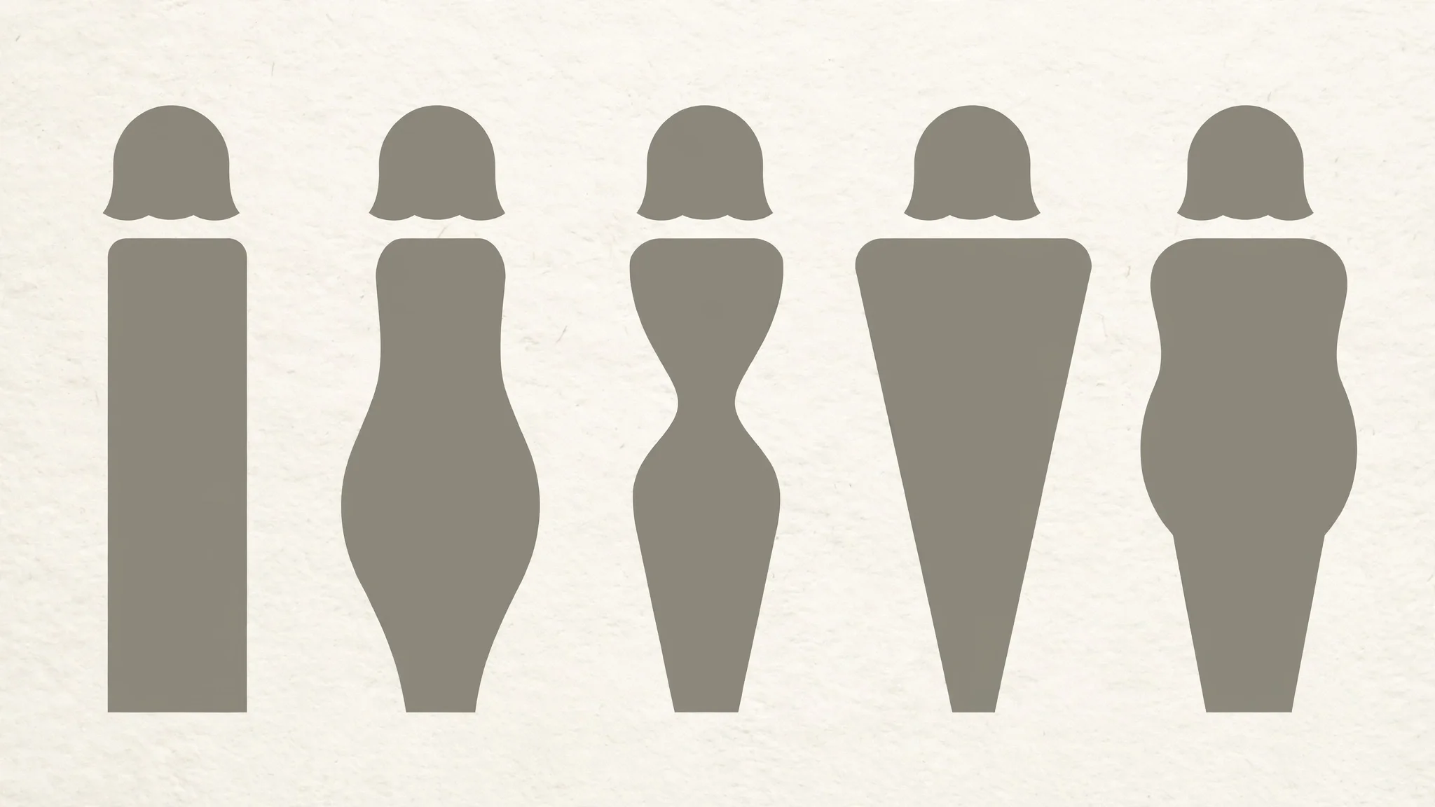 Five simplified female silhouettes side by side showing rectangle, pear, hourglass, inverted triangle, and apple proportional layouts.