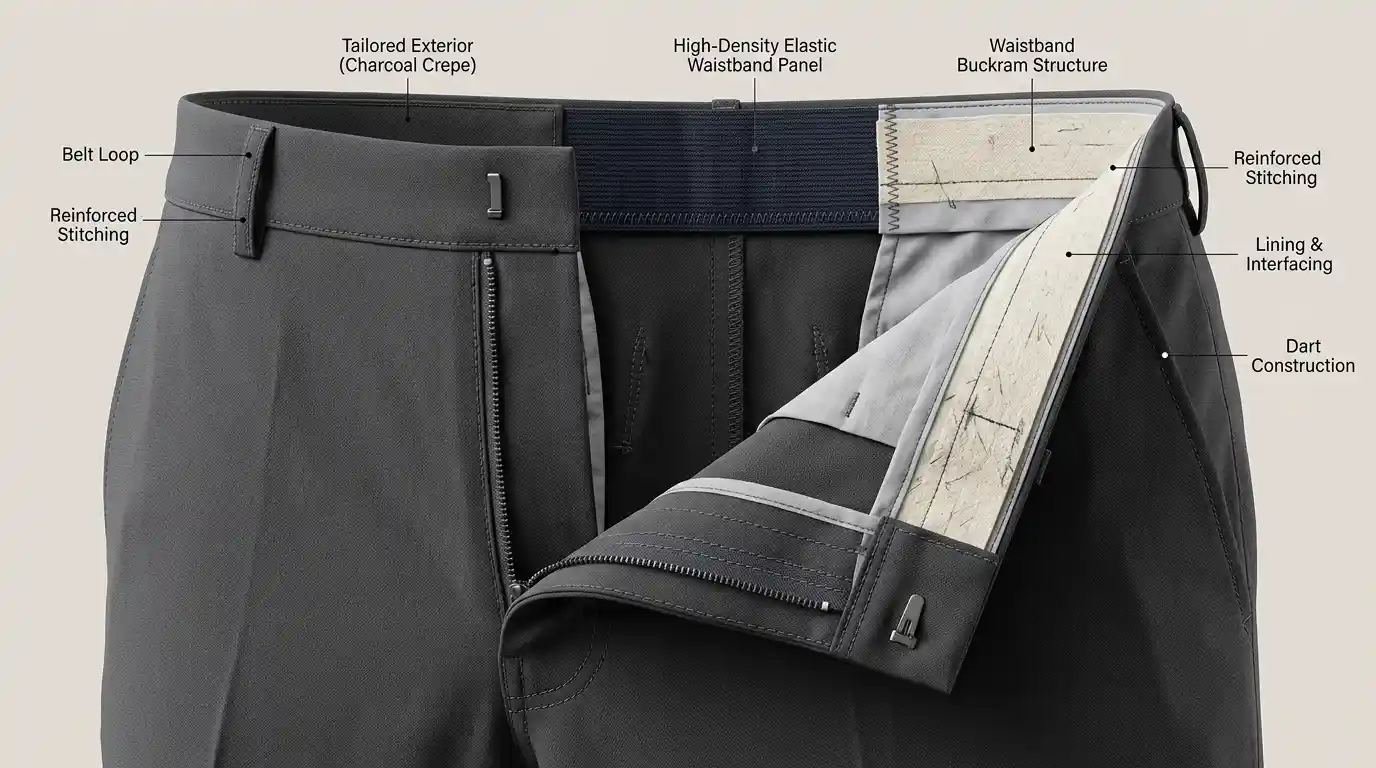 Interior construction of a modern summer work pant: a flat-front waist maintains a clean exterior line, while a discreet back elastic panel expands during long hours at a desk.