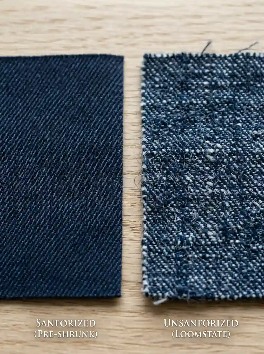 Side-by-side macro view of smooth sanforized raw denim twill compared to rough, uneven loomstate unsanforized denim fabric.