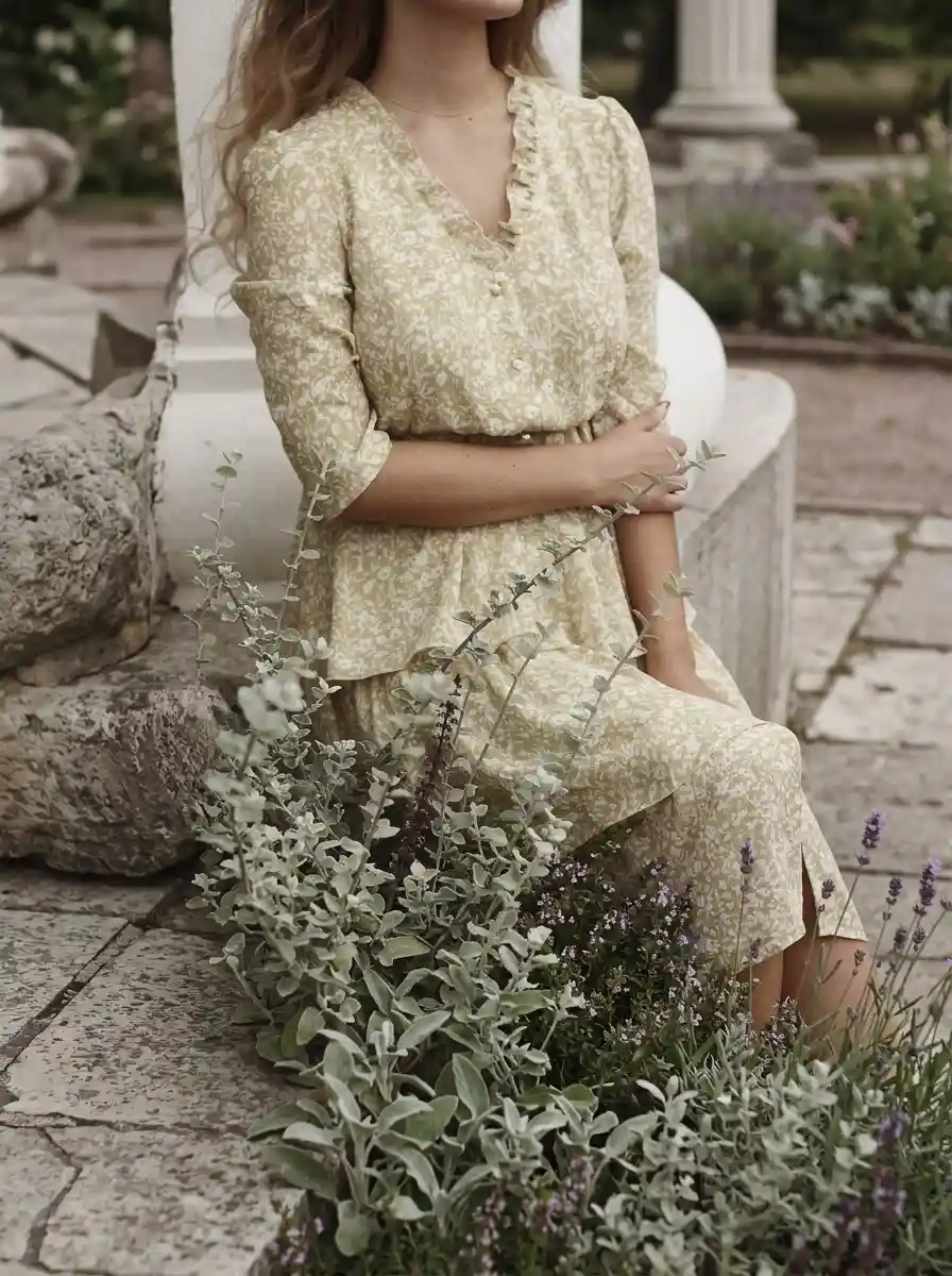 Woman seated outdoors wearing a floral-printed dress in warm earth tones