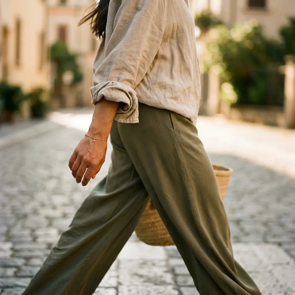 Detailed shot of a fluid modal rayon wide-leg trouser draping softly alongside a rolled sleeve exposing the wrist bone