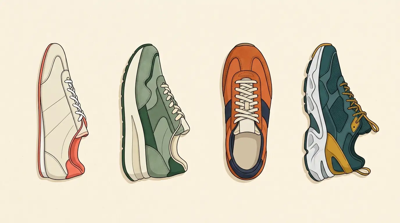 Illustrated flat lay comparing a flat motorsport sneaker, a wedge sneaker, a retro low-top, and a chunky technical trainer