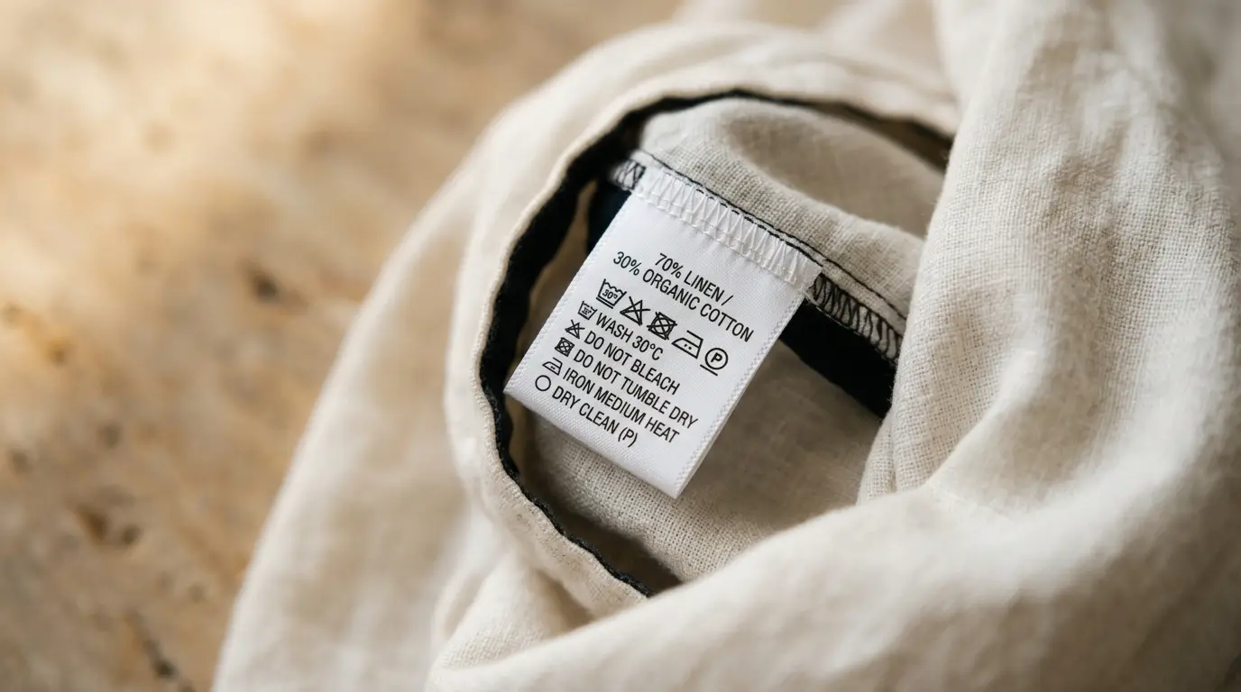 Detailed interior view of a white fabric care tag sewn into a garment listing FTC fiber composition percentages and laundering symbols.