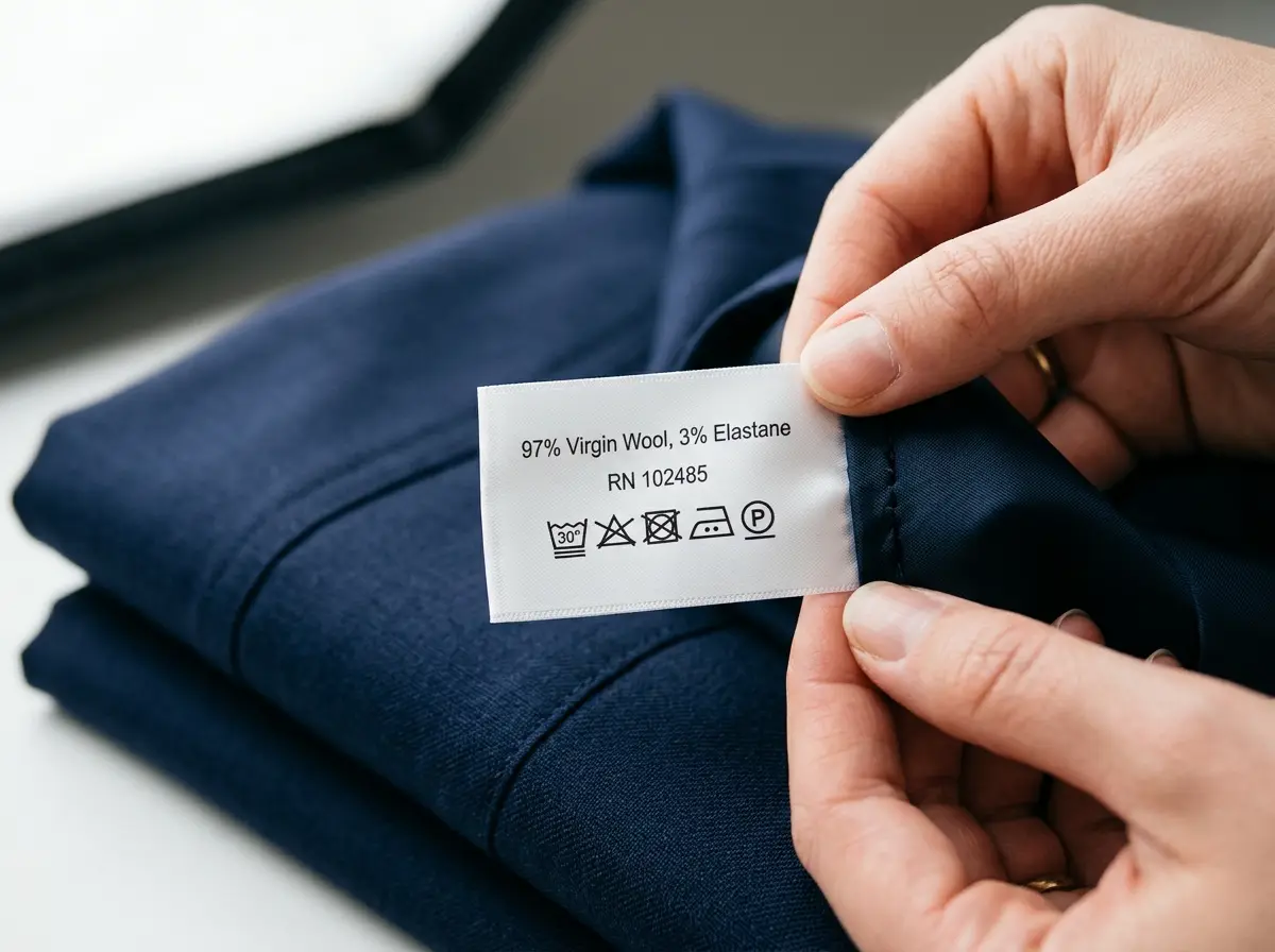 Close-up photograph of a garment tag showing a detailed fiber blend composition breakdown including wool and elastane percentages with an FTC RN number.