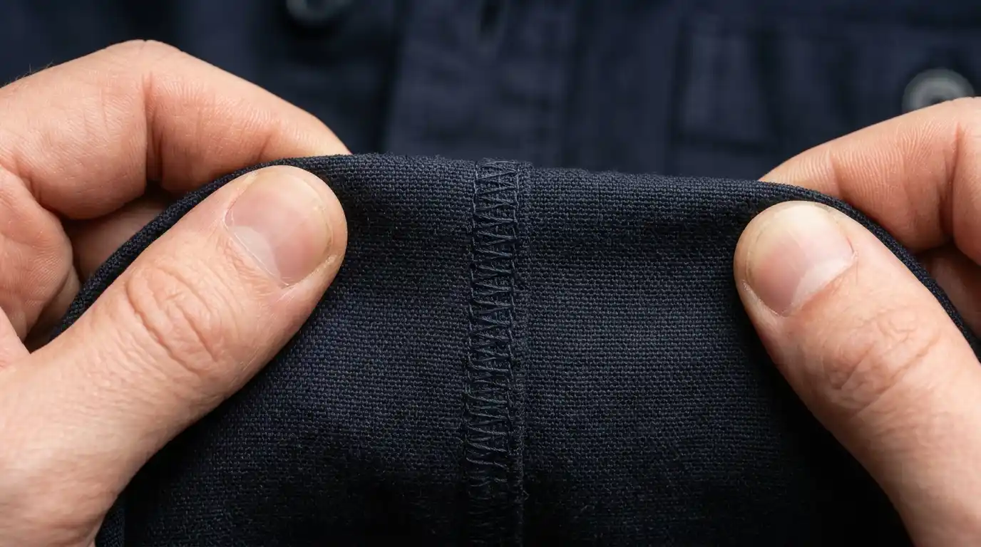 Close-up of hands performing a horizontal manual seam pull test on a garment side seam to check stitch density and thread tension.